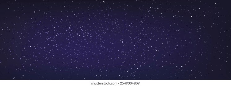 Stary night sky horizontal background. Night sky with stars. Bright particles falling with star. Glittering particles on dark blue background. Light with flares