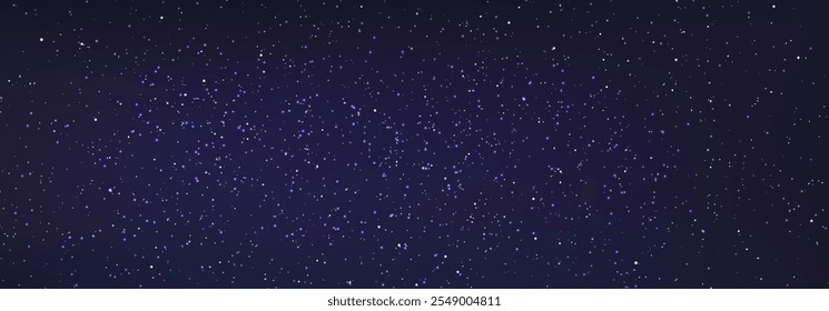 Stary night sky horizontal background. Night sky with stars. Bright particles falling with star. Glittering particles on dark blue background. Light with flares