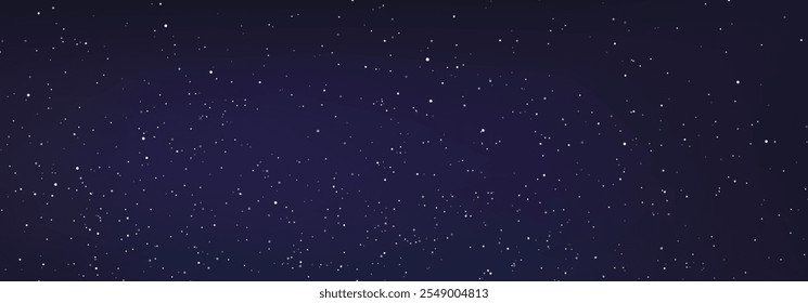 Stary night sky horizontal background. Night sky with stars. Bright particles falling with star. Glittering particles on dark blue background. Light with flares