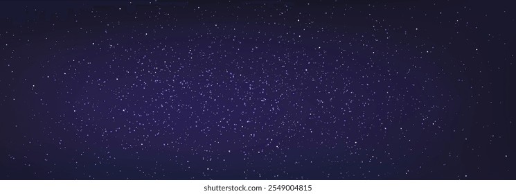 Stary night sky horizontal background. Night sky with stars. Bright particles falling with star. Glittering particles on dark blue background. Light with flares