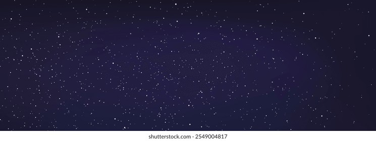 Stary night sky horizontal background. Night sky with stars. Bright particles falling with star. Glittering particles on dark blue background. Light with flares