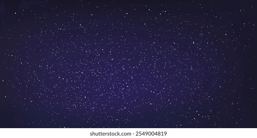 Stary night sky horizontal background. Night sky with stars. Bright particles falling with star. Glittering particles on dark blue background. Light with flares