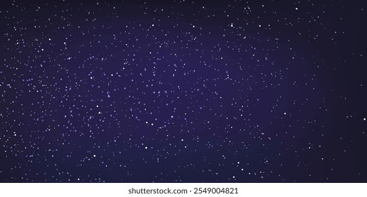 Stary night sky horizontal background. Night sky with stars. Bright particles falling with star. Glittering particles on dark blue background. Light with flares