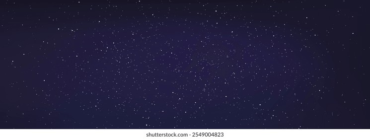 Stary night sky horizontal background. Night sky with stars. Bright particles falling with star. Glittering particles on dark blue background. Light with flares