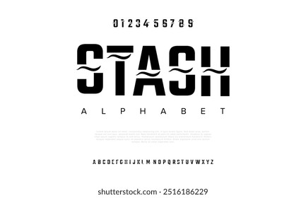 Stash creative modern geometric urban alphabet font. Digital abstract futuristic, game, techno, robot, music, logo, sport, minimal technology typography. Simple numeric vector illustration