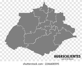State Aguascalientes of Mexico map on transparent background. Blank map of  Aguascalientes with regions in gray for your web site design, logo, app, UI. Mexico. EPS10.