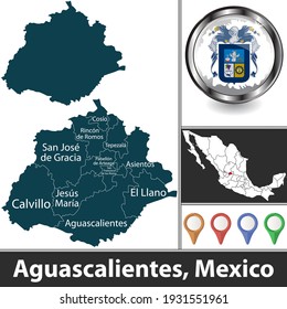 Estado de Aguascalientes con municipios y ubicación en el mapa mexicano. Imagen del vector