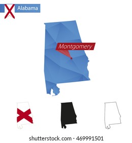 State of Alabama blue Low Poly map with capital Montgomery, versions with flag, black and outline. Vector Illustration.