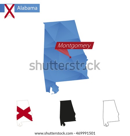 State of Alabama blue Low Poly map with capital Montgomery, versions with flag, black and outline. Vector Illustration.