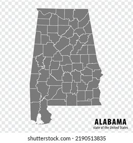 Mapa estatal de Alabama sobre un trasfondo transparente. Mapa en blanco de Alabama con regiones en gris para el diseño de tu sitio web, logotipo, aplicación, interfaz de usuario. EE.UU. EPS10.