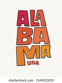 Estado de Alabama con el nombre distorsionado en forma de estado. Ilustración vectorial de estilo pop artístico para pegatinas, camisetas, afiches, medios sociales y medios impresos.