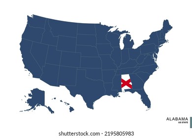 State of Alabama on blue map of United States of America. Flag and map of Alabama. Vector illustration.