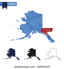 State of Alaska blue Low Poly map with capital Juneau, versions with flag, black and outline. Vector Illustration.