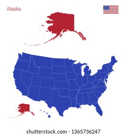 The State of Alaska is Highlighted in Red. Blue Vector Map of the United States Divided into Separate States. Map of the USA Split into Individual States.