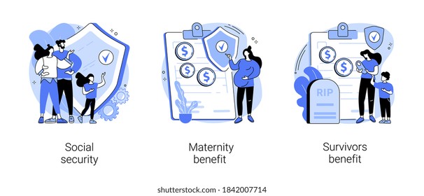 Abstrakter Zustandszuschlag-Konzept, Vektorgrafik-Set. Soziale Sicherheit, Leistungen für Mutterschaft und Hinterbliebene, Altersversicherung, elterliche Unterstützung, Sterbeurkunde, abstrakte finanzielle Hilfe.