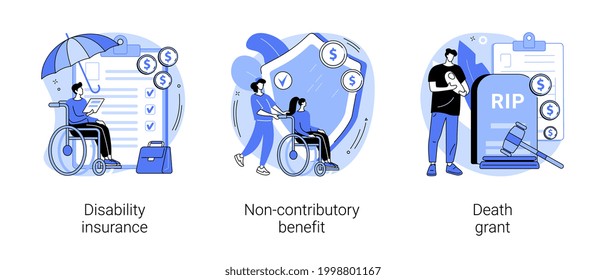 Abstrakter Zustandszuschlag-Konzept, Vektorgrafik-Set. Invaliditätsversicherung, beitragsunabhängige Leistungen, Sterbegeld, Behinderte, Krankenschwester, Autounfall, abstrakte Metapher für die Nothilfe.