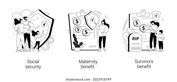 Abstrakter Zustandszuschlag-Konzept, Vektorgrafik-Set. Soziale Sicherheit, Leistungen für Mutterschaft und Hinterbliebene, Altersversicherung, elterliche Unterstützung, Sterbeurkunde, abstrakte finanzielle Hilfe.