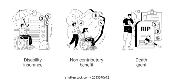 State allowance abstract concept vector illustration set. Disability insurance, non-contributory benefit, death grant, disabled person, home nurse, car accident, emergency payment abstract metaphor.