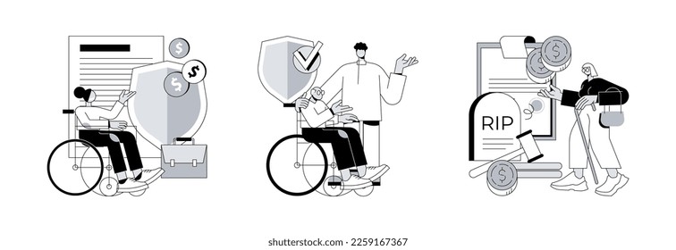 State allowance abstract concept vector illustration set. Disability insurance, non-contributory benefit, death grant, disabled person, home nurse, car accident, emergency payment abstract metaphor.