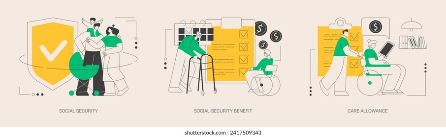 State allowance abstract concept vector illustration set. Social security benefit, health care allowance, retirement insurance, application form, benefit calculator, home nurse abstract metaphor.