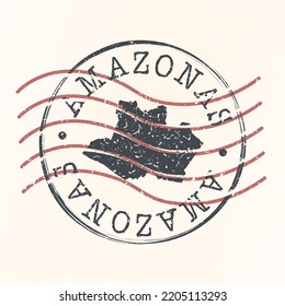 Estado de Amazonas, mapa postal de sellos de Brasil. Silhouette. Diseño de redondeo de Passport. Icono del vector. Diseño Retro Viaje Símbolo Nacional.