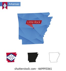 State of Arkansas blue Low Poly map with capital Little Rock, versions with flag, black and outline. Vector Illustration.