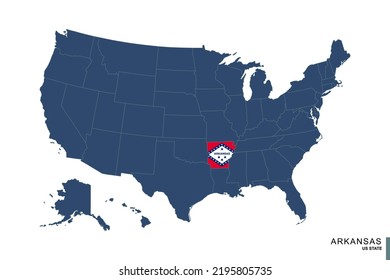 State of Arkansas on blue map of United States of America. Flag and map of Arkansas. Vector illustration.
