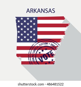 State of Arkansas vector graphic map with flag and presidential day vote stamp