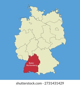 The state of Baden-Wurttemberg on the map of Germany. Vector illustration