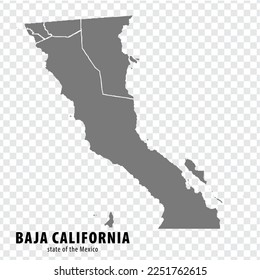 State Baja California of Mexico map on transparent background. Blank map of  Baja California with  regions in gray for your web site design, logo, app, UI. Mexico. EPS10.