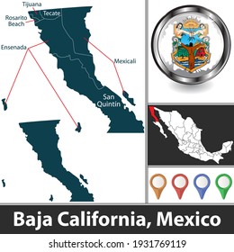 State of Baja California with municipalities and location on Mexican map. Vector image