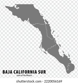 State Baja California Sur of Mexico map on transparent background. Blank map of  Baja California Sur with  regions in gray for your web site design, logo, app, UI. Mexico. EPS10.