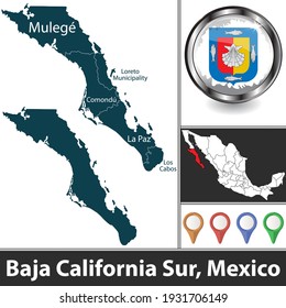 State of Baja California Sur with municipalities and location on Mexican map. Vector image