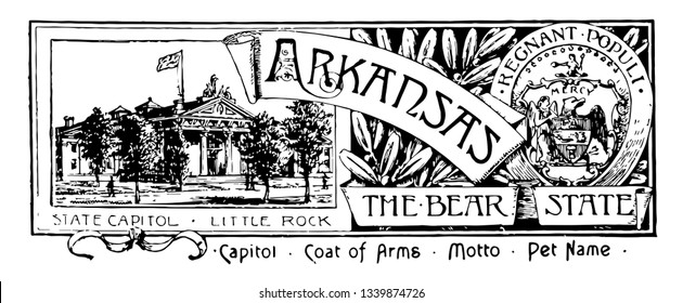 The state banner of Arkansas the bear state this banner has state house with waving flag and right side an angel of mercy the sword and the goddess vintage line drawing or engraving illustration