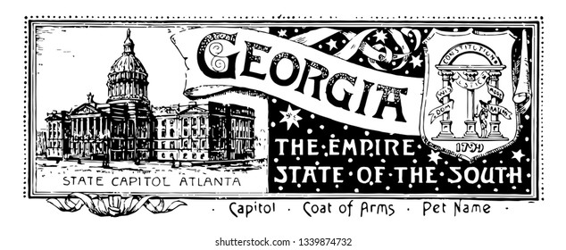 The state banner of Georgia the empire state of the south with state house and in left three coloumns and a man with sword in his right hand ribbon reads GEORGIA vintage