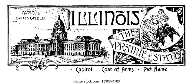 The state banner of Illinois the prairie state banner has state house in left side with CAPITOL SPRINGFIELD on top left side in shield an eagle with banner in beak clutches shield vintage 