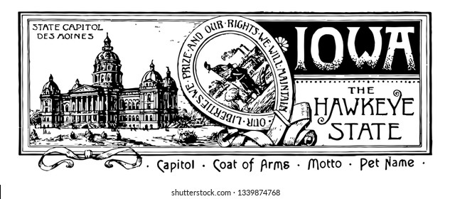 The state banner of Iowa the Hawkeye state it has state house in left side and in middle a soldier standing in a wheat field with farming mining and transportation with the river in background vintage