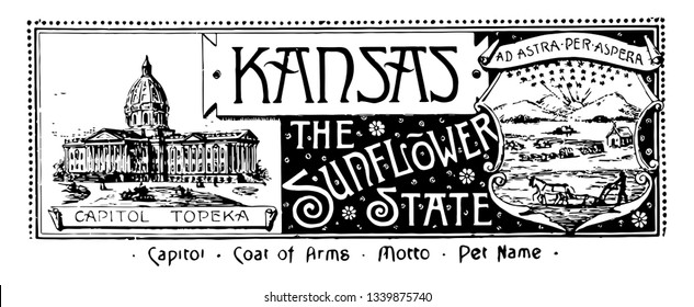 The state banner of Kansas the sunflower state banner has state house in left side and right side rising sun river and a steamboat a man plowing with a pair of horses running train and ox to wagons 