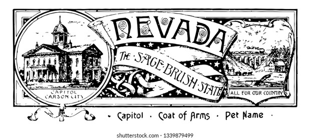 The State Banner Of Nevada The Sage Brush State This Banner Has State House On Left Side On Right Side It Shows Mountains Train Plow Cabin With Motto ALL FOR OUR COUNTRY Vintage 