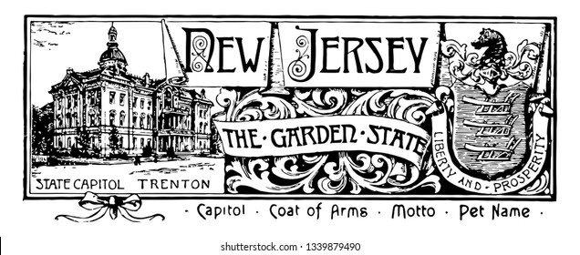 The State Banner Of New Jersey The Garden State. It Has State House In Left Side And Right Side Three Plows In The Shield Helmet Above The Shield Faces Forward Above The Helmet Is A Horse Head Vintage