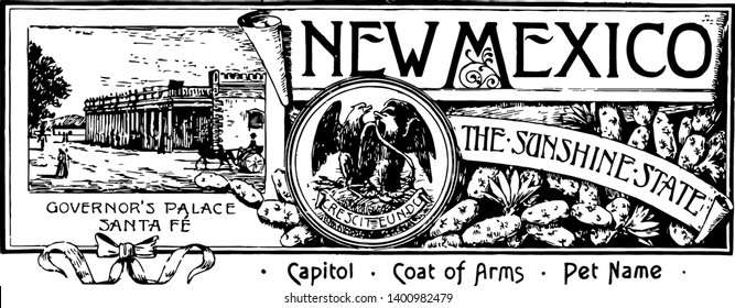 The state banner of New Mexico the sunshine state this banner has Governors palace in Santa Fe left side in center two eagles are sitting one of them clutches some arrows vintage line drawing