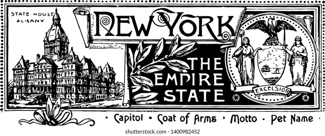 The state banner of New York the empire state this banner has state house on left side it has two female figures shield sunrays mountains and eagle on right side NEW YORK is written in center vintage