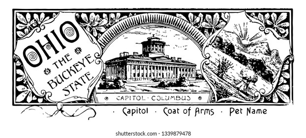 The state banner of Ohio the buckeye state this banner has state house in middle on right side it has shield with mountains sunrise arrows and sheaf OHIO THE BUCKEYE STATE is written on left side vint