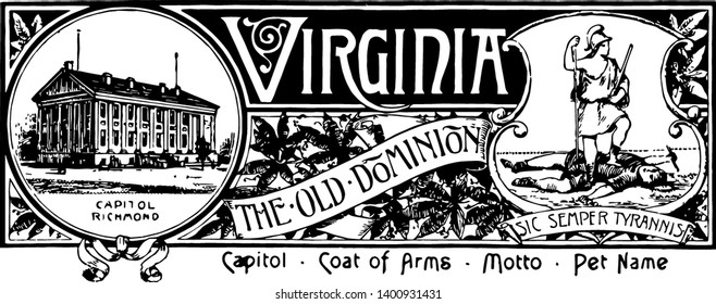 The state banner of Virginia the old dominion this banner has state house on left side right side shows standing female has kept her one leg on a fallen man spear and sword in her hands vintage line