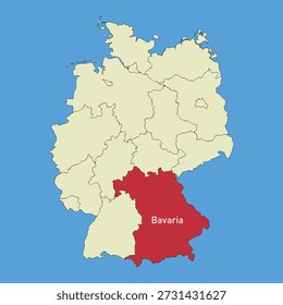 The state of Bavaria on the map of Germany. Vector illustration