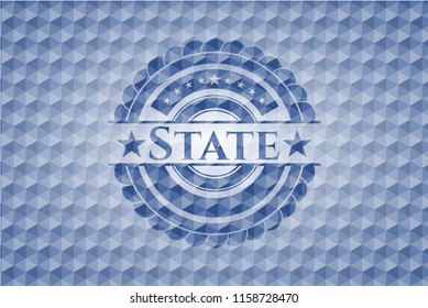State blue badge with geometric pattern.