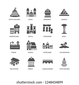 State Building, Castle, Capitol Chuch, Fuji mountain, Notre dame, Church, Charles bridge icon 16 set EPS 10 vector format. Icons optimized for both large and small resolutions.