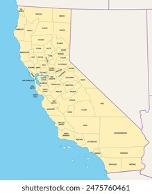 Bundesstaat Kalifornien, politische Landkarte. Der US-Bundesstaat Kalifornien ist in 58 Countys unterteilt, wobei das San Bernardino County das große und das Los Angeles County das bevölkerungsreichste in den Vereinigten Staaten ist.