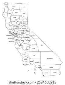 State of California divided into counties, outline map. State in the Western United States on the Pacific Coast, subdivided into 58 counties. Black and white map with county boundaries and names.