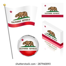 State Of California Flag On A Pole, Badge And Isometric Designs Vector Illustration.

